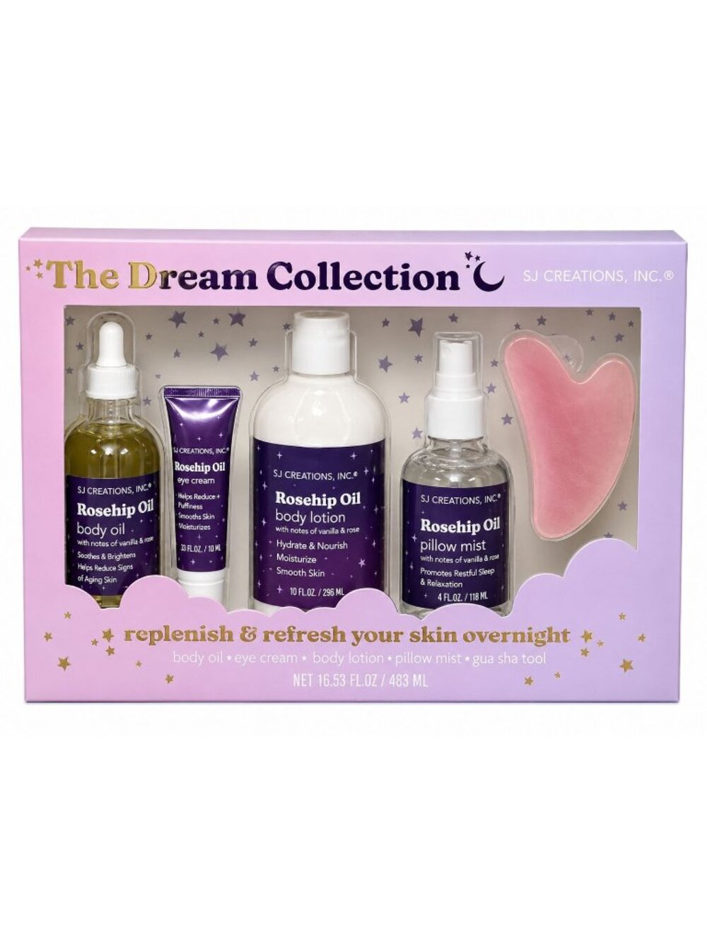 SJ Creations Dream Collection Rosehip Oil Gift Set Gua Sha Body Care 5 Pc New